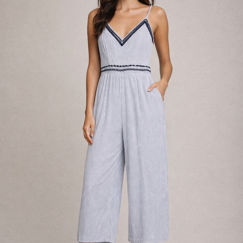 Japna Light Blue and Navy Striped V-Neck Wide-Leg Jumpsuit